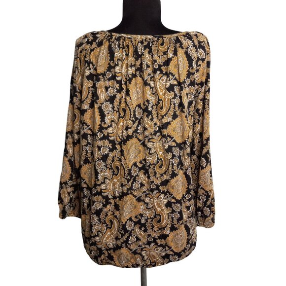 Michael Kors Size L Blouse Womens Paisley Print Black Orange Peasant Top - Picture 3 of 6